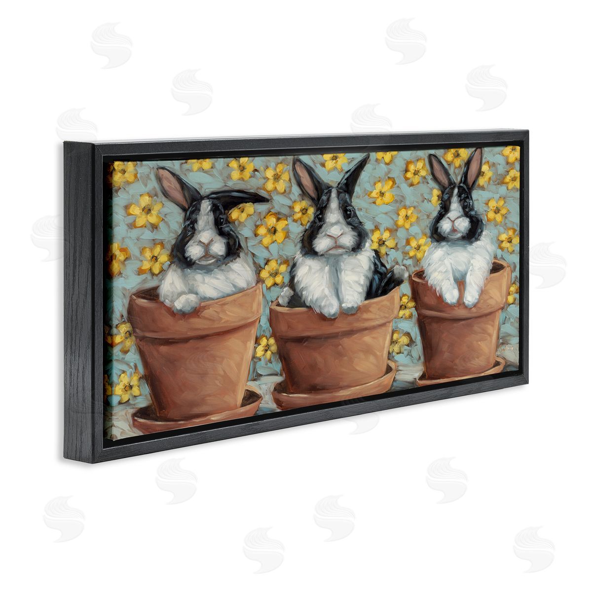 Three Bunnies in Pots Black Floating Frame Canvas Wall Art, Home Decor by Sara G. Designs