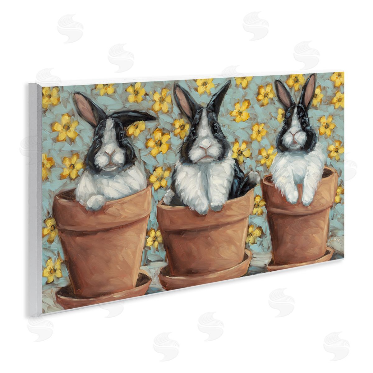 Three Bunnies in Pots Wood Plaque Wall Art, Home Decor by Sara G. Designs