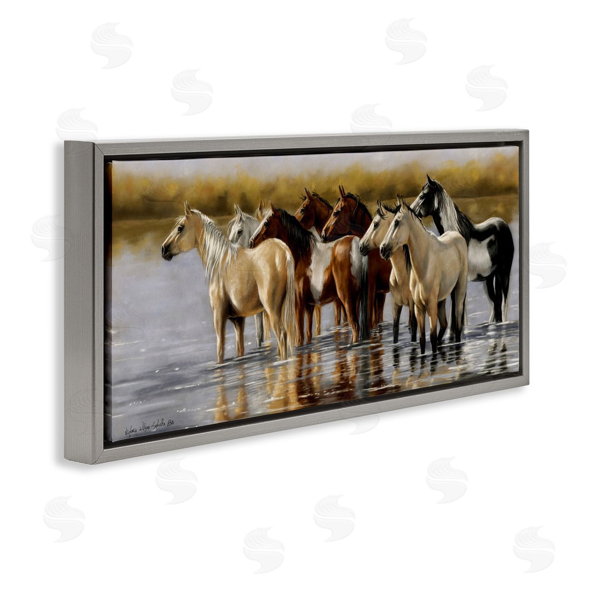 Horse Herd Splashing Grey Floating Frame Canvas Wall Art, Home Decor by Victoria Schultz