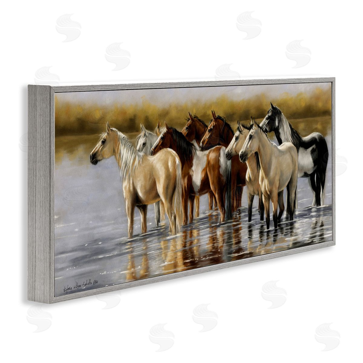 Horse Herd Splashing Grey Frame Print Wall Art, Home Decor by Victoria Schultz