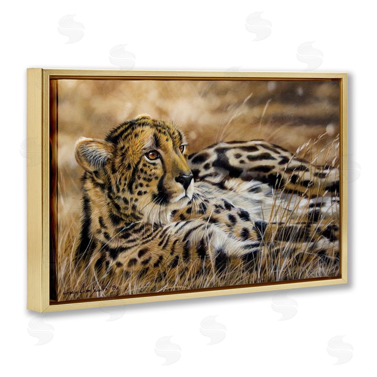 Relaxing Leopard Scenery Gold Floating Frame Canvas Wall Art, Home Decor by Victoria Schultz
