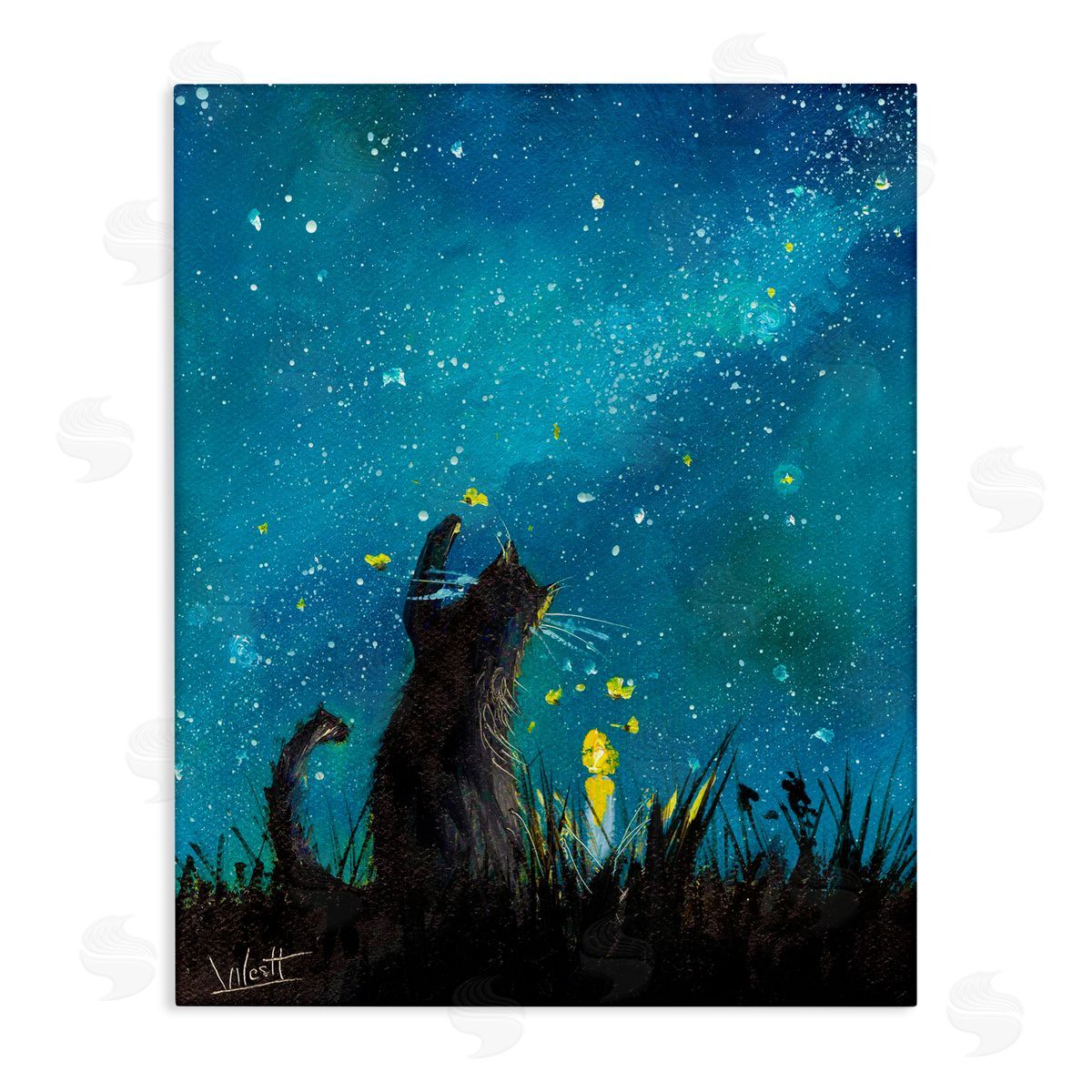 Ronald West Cat Playing Under Stars Canvas Wall Art Print
