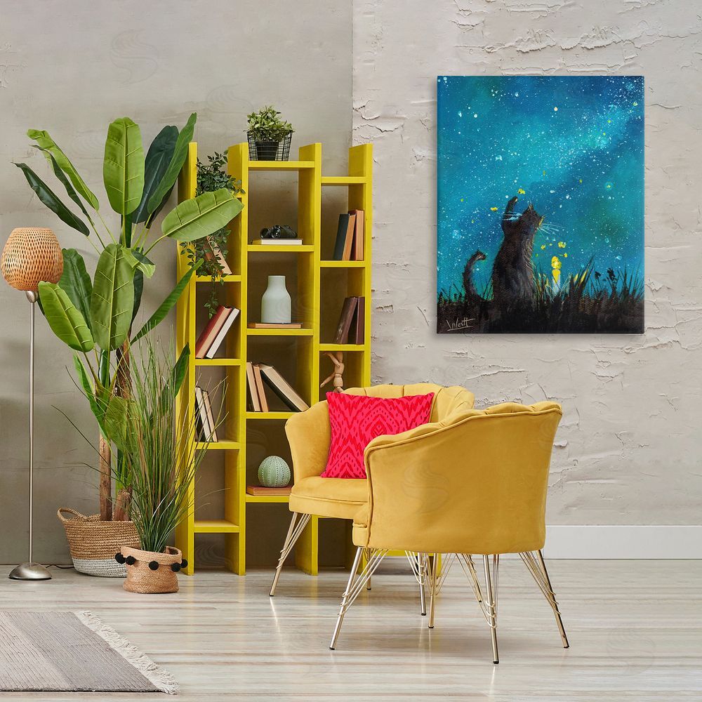 Ronald West Cat Playing Under Stars Canvas Wall Art Print in Room