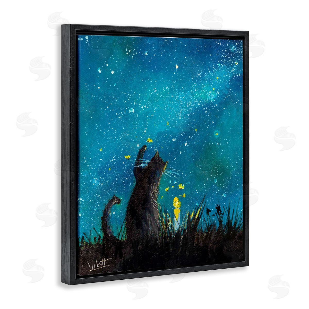 Ronald West Cat Playing Under Stars Black Floating Frame Canvas Wall Art Print