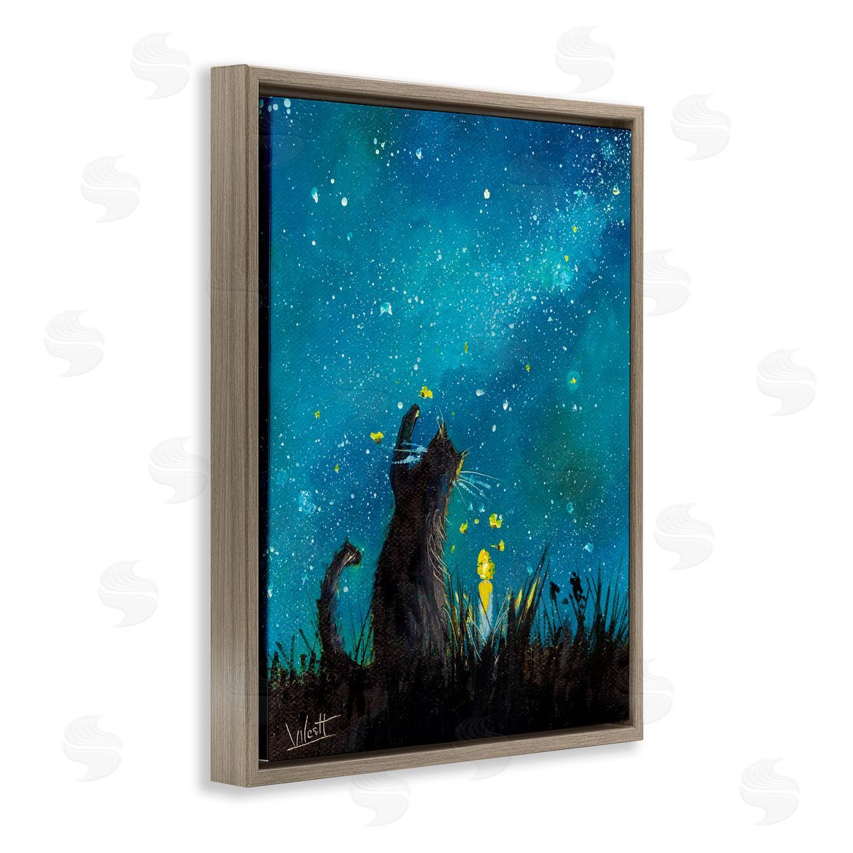 Ronald West Cat Playing Under Stars Brown Floating Frame Canvas Wall Art Print