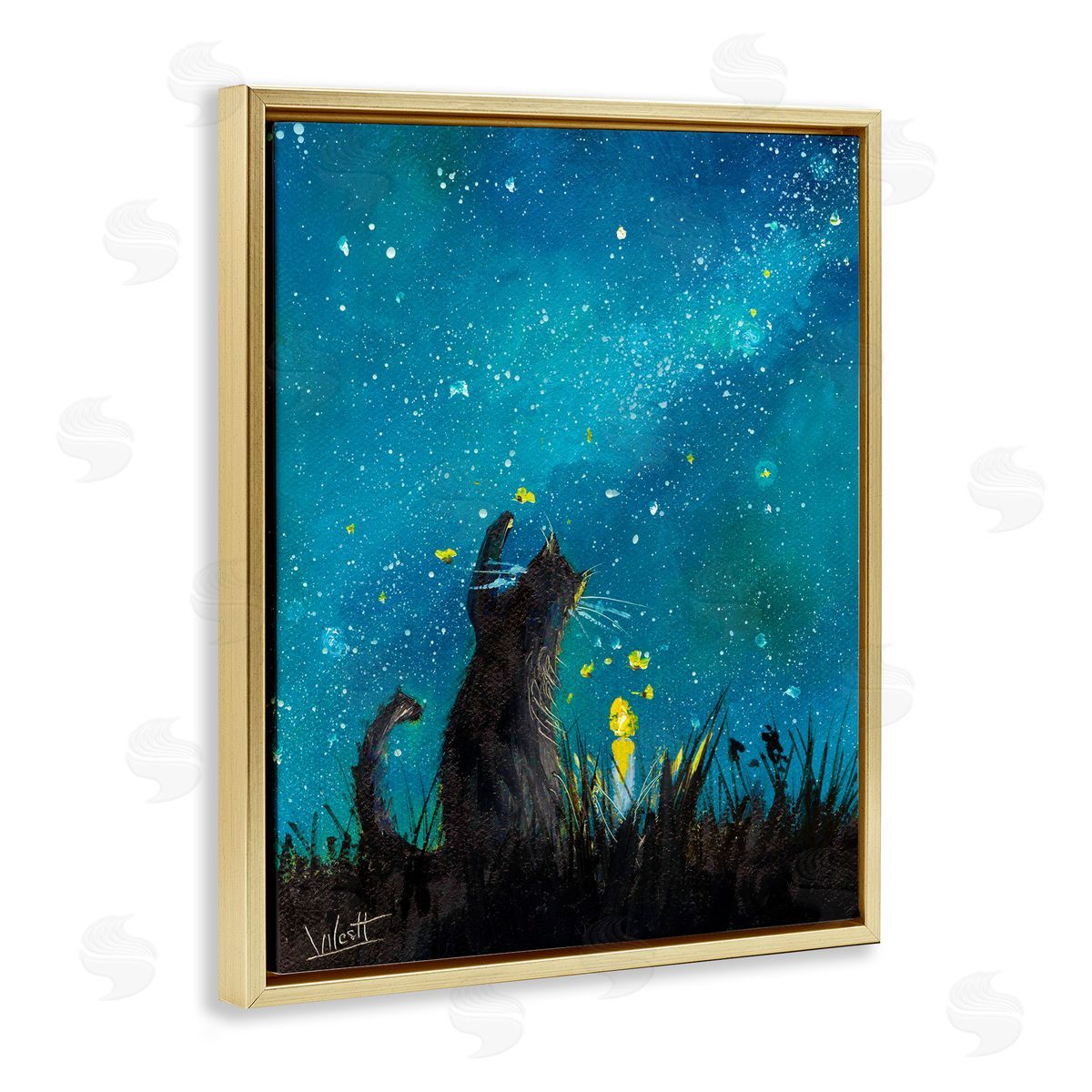 Ronald West Cat Playing Under Stars Gold Floating Frame Canvas Wall Art Print