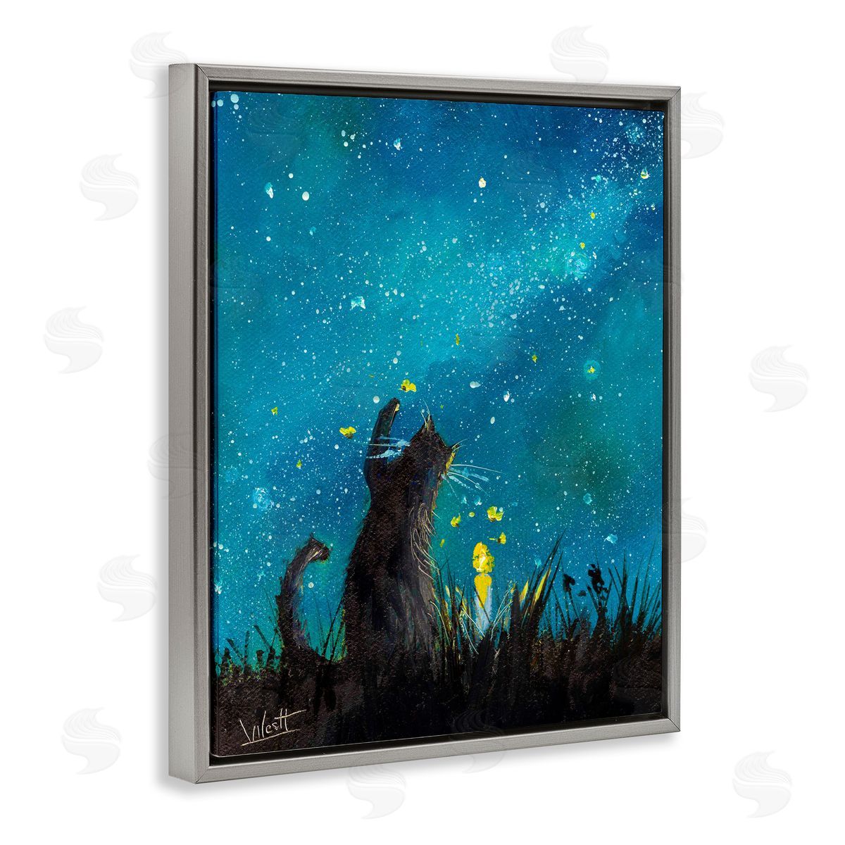 Ronald West Cat Playing Under Stars Gray Floating Frame Canvas Wall Art Print