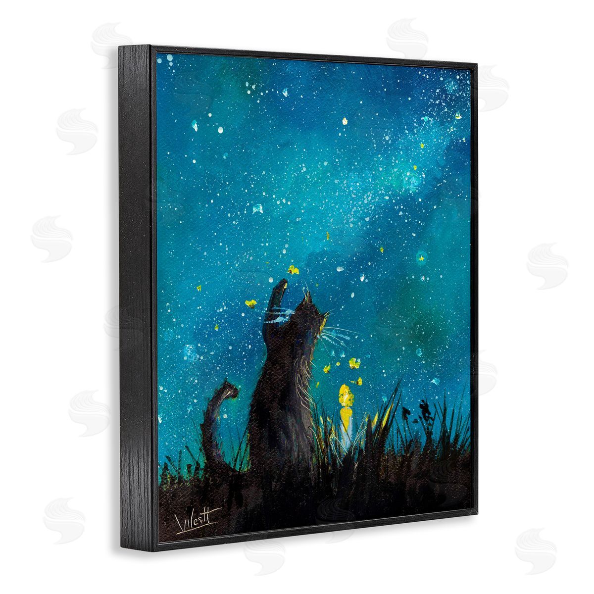Ronald West Cat Playing Under Stars Black Framed Giclee Wall Art Print