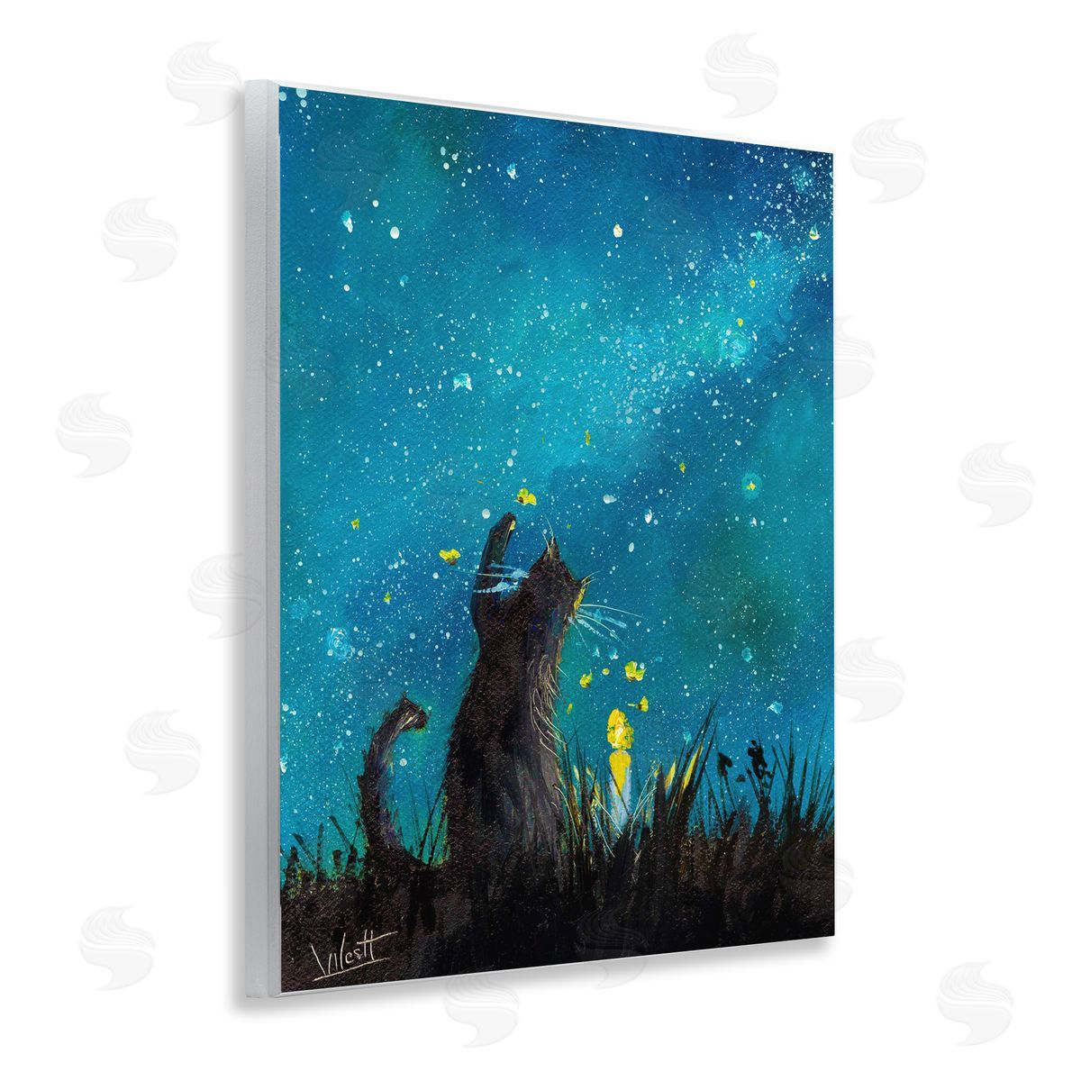Ronald West Cat Playing Under Stars Wooden Wall Plaque Art Print
