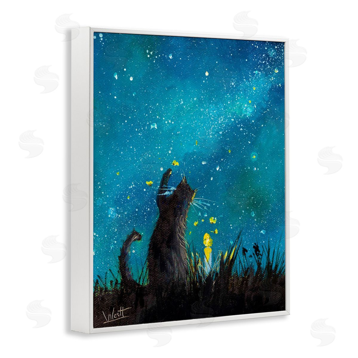 Ronald West Cat Playing Under Stars White Framed Giclee Wall Art Print