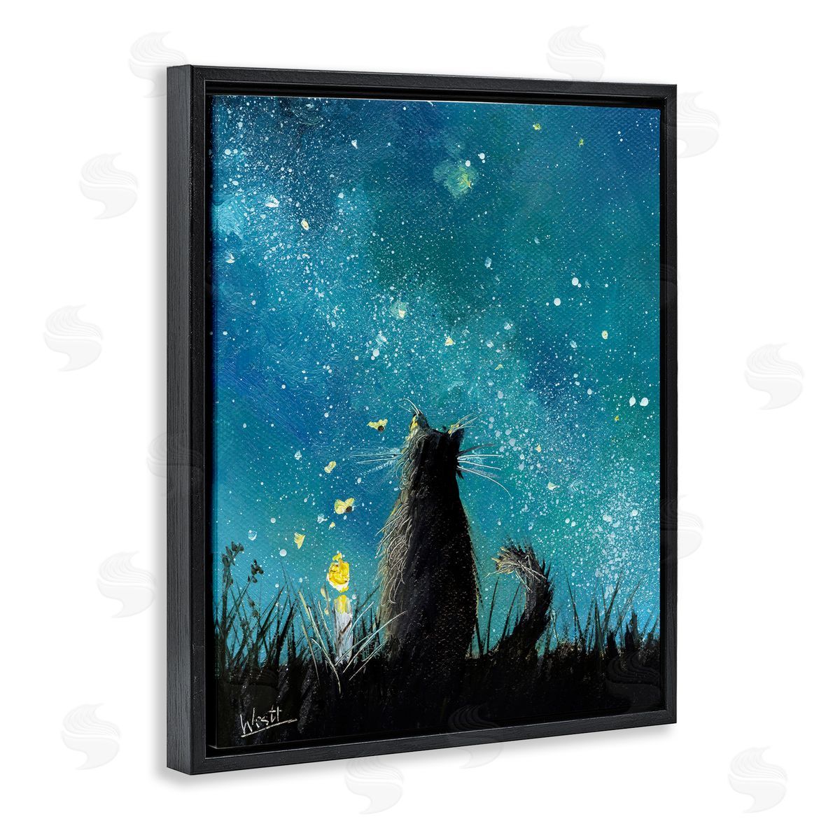Ronald West Cat Gazing at Stars Black Floating Frame Canvas Wall Art Print