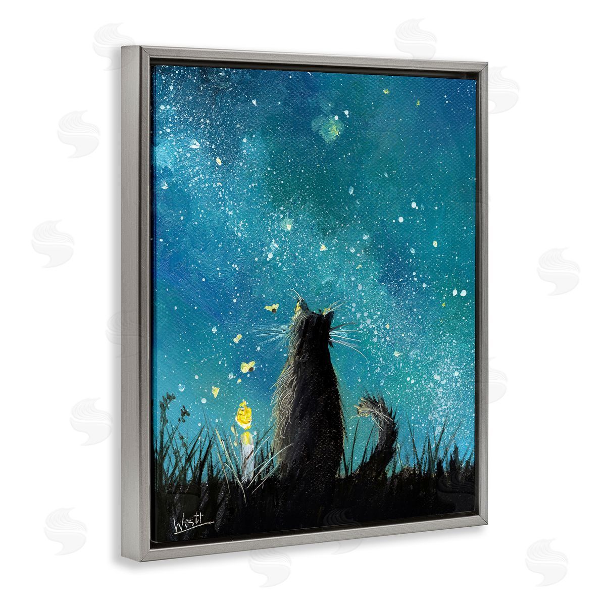 Ronald West Cat Gazing at Stars Gray Floating Frame Canvas Wall Art Print