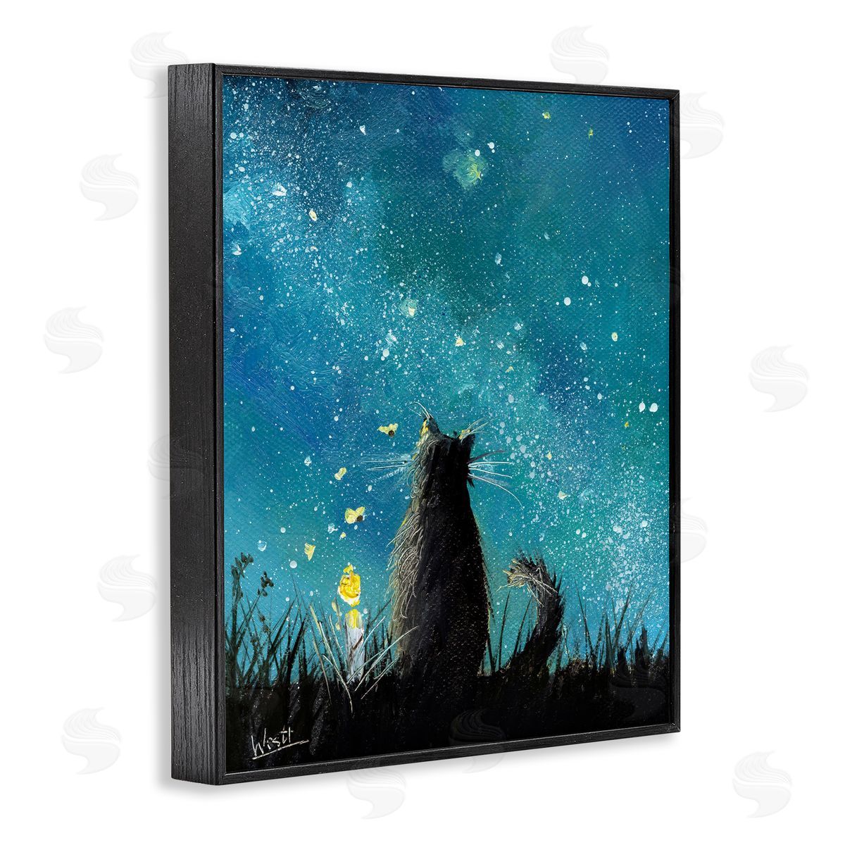Ronald West Cat Gazing at Stars Black Framed Giclee Wall Art Print