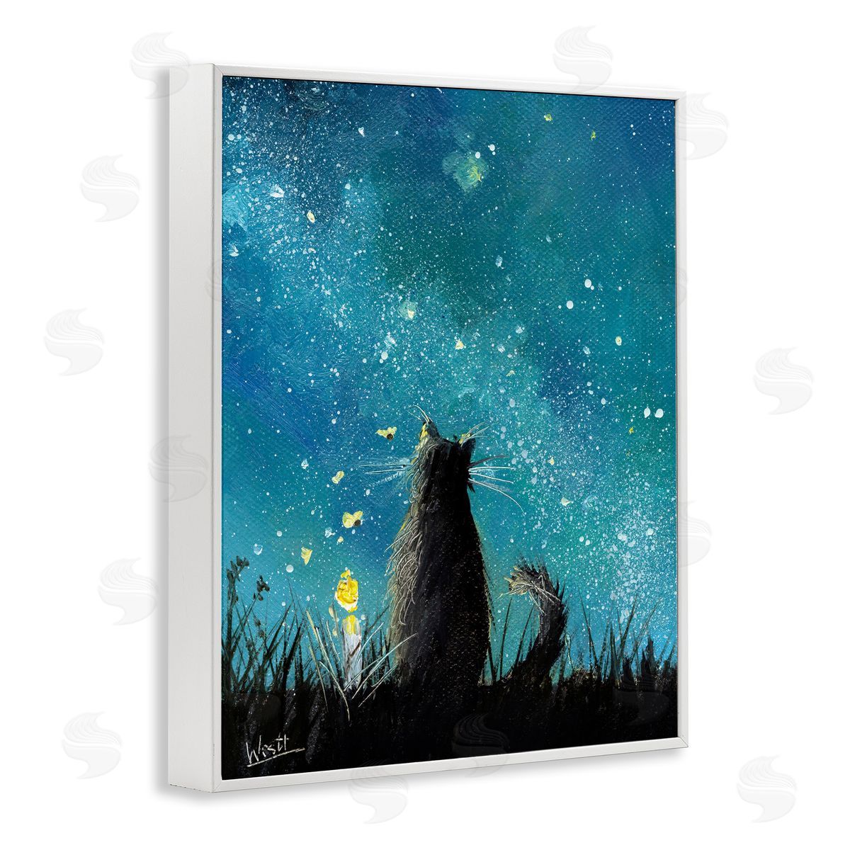 Ronald West Cat Gazing at Stars White Framed Giclee Wall Art Print