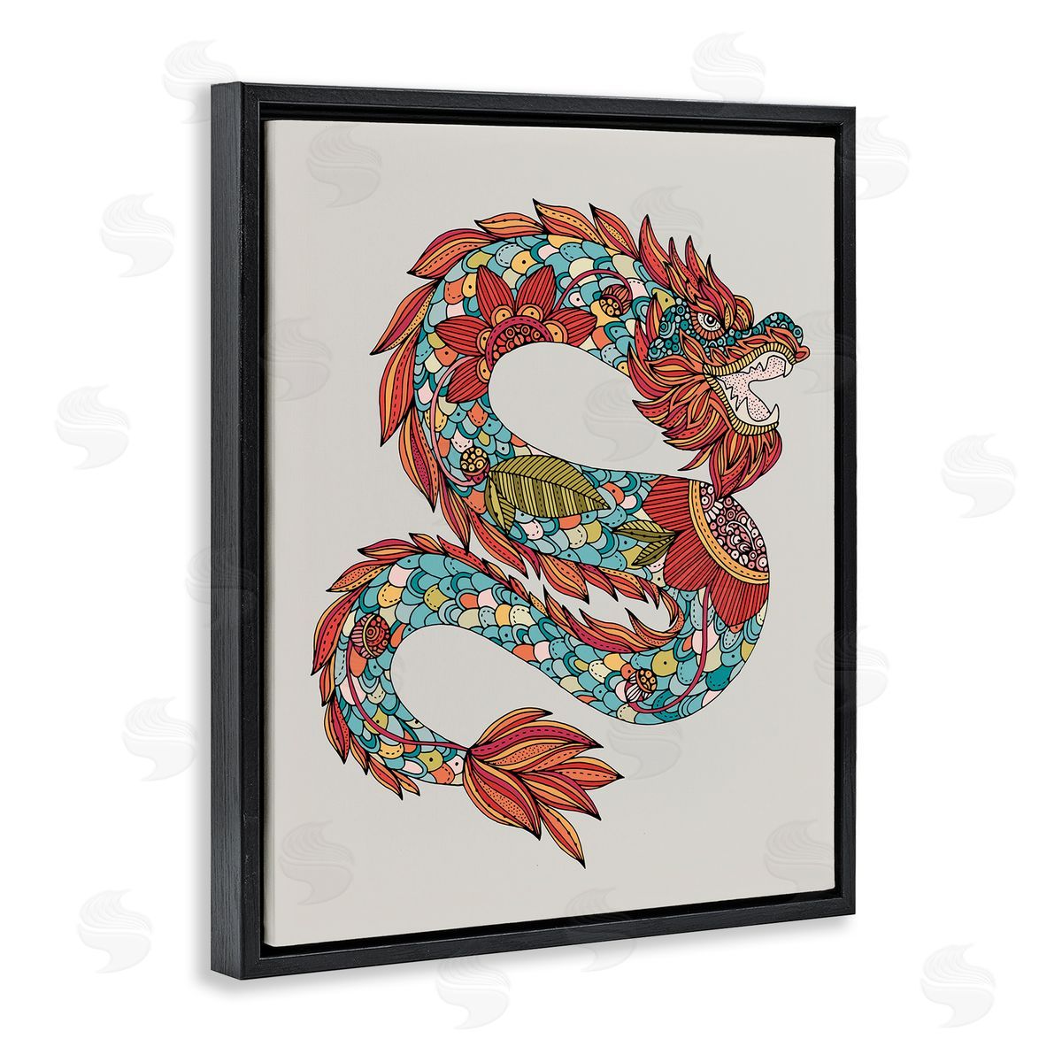 Detailed Year of Dragon Black Floating Frame Canvas Wall Art, Home Decor by Valentina Harper