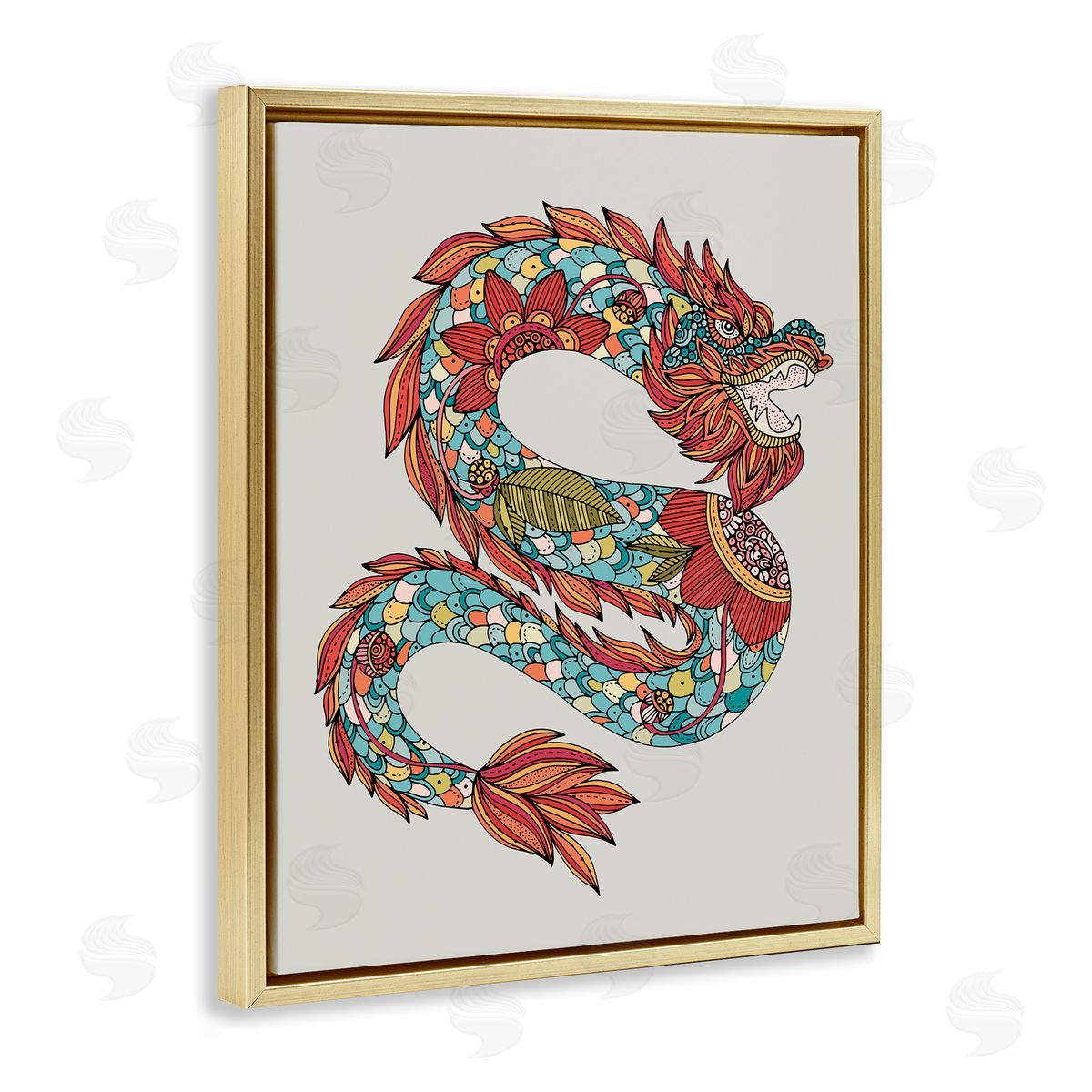 Detailed Year of Dragon Gold Floating Frame Canvas Wall Art, Home Decor by Valentina Harper