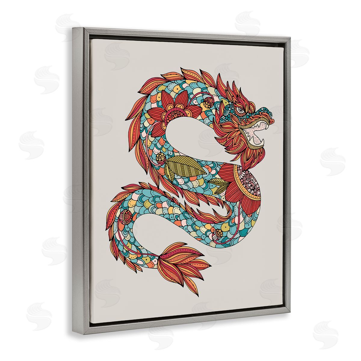 Detailed Year of Dragon Grey Floating Frame Canvas Wall Art, Home Decor by Valentina Harper