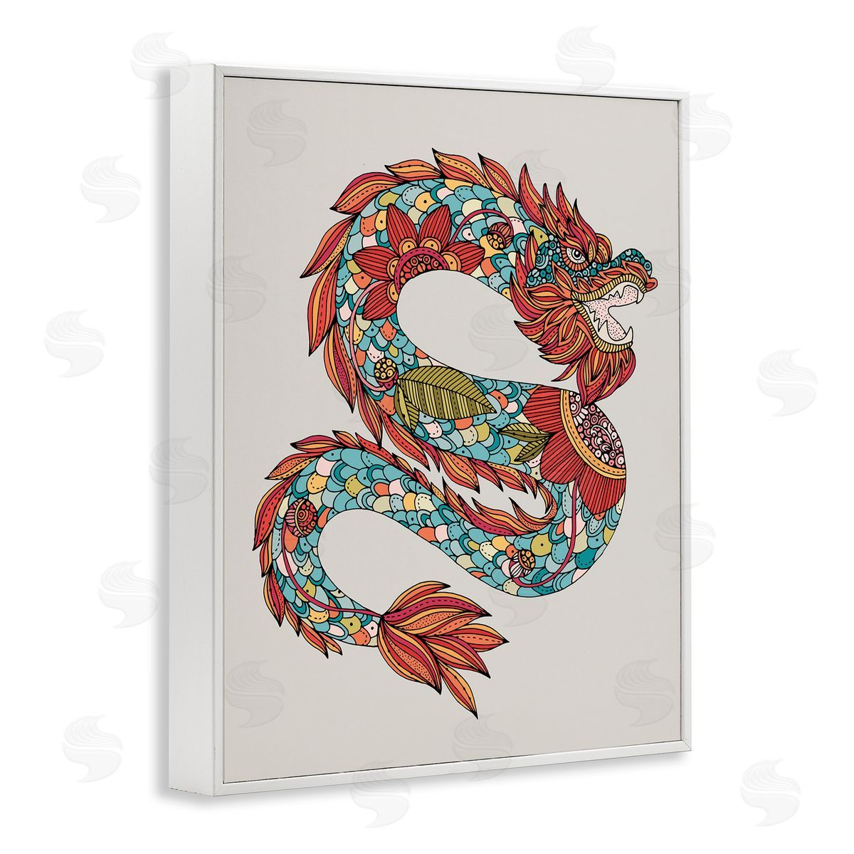 Detailed Year of Dragon White Frame Print Wall Art, Home Decor by Valentina Harper