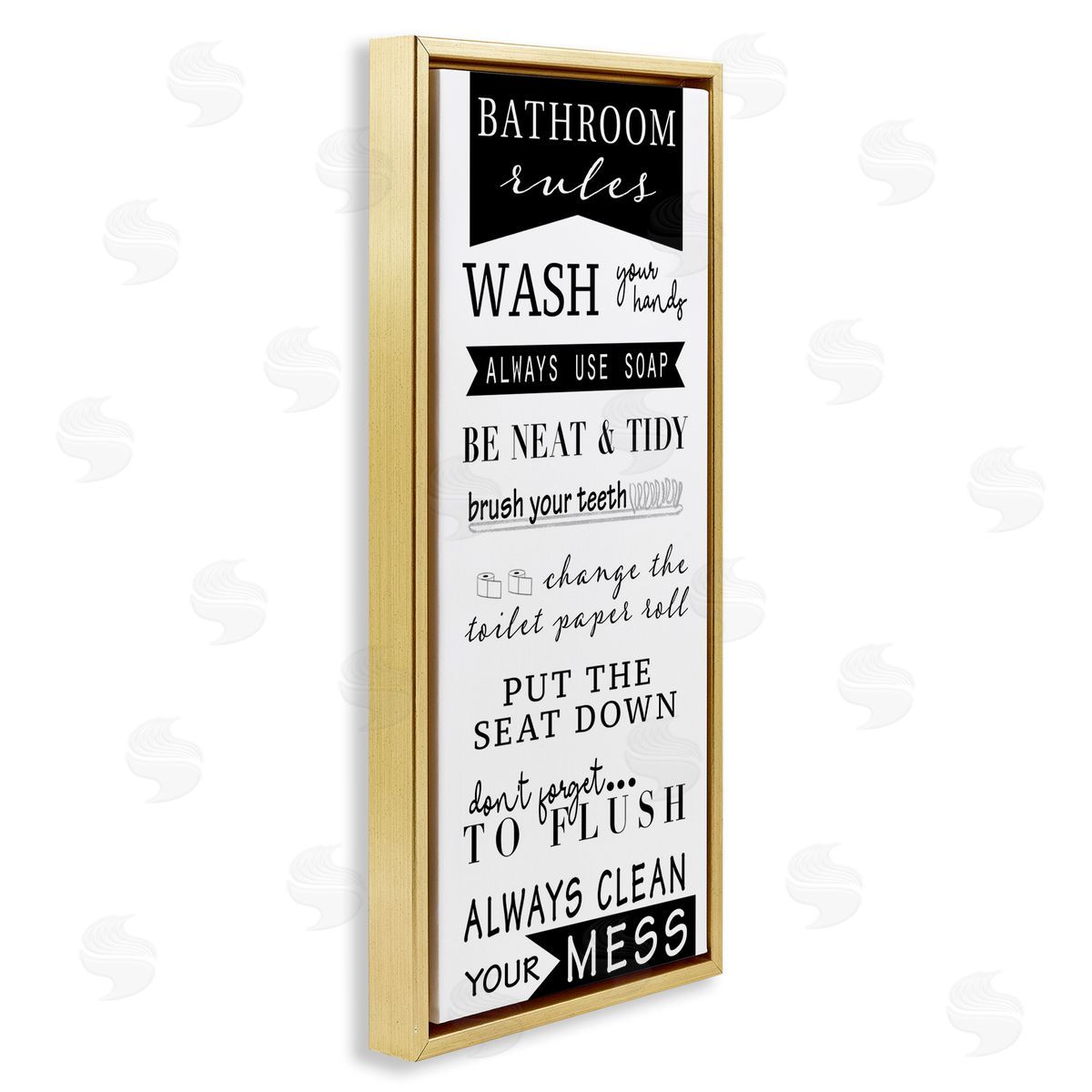 Black Bathroom Rules Gold Floating Frame Canvas Wall Art, Home Decor by Anna Quach