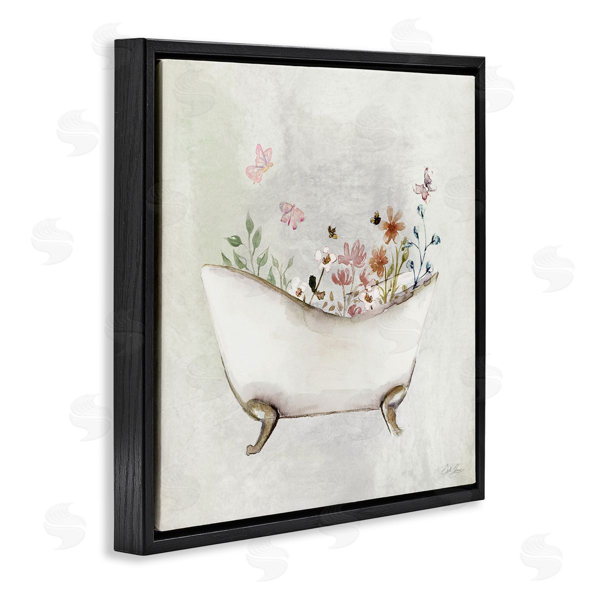 Butterfly Floral Bath Black Floating Frame Canvas Wall Art, Home Decor by Stella Chang