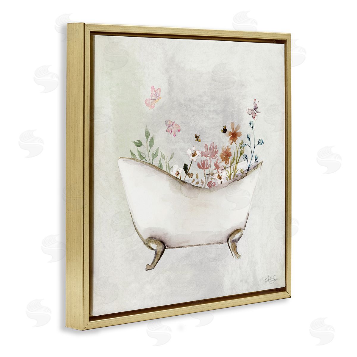 Butterfly Floral Bath Gold Floating Frame Canvas Wall Art, Home Decor by Stella Chang