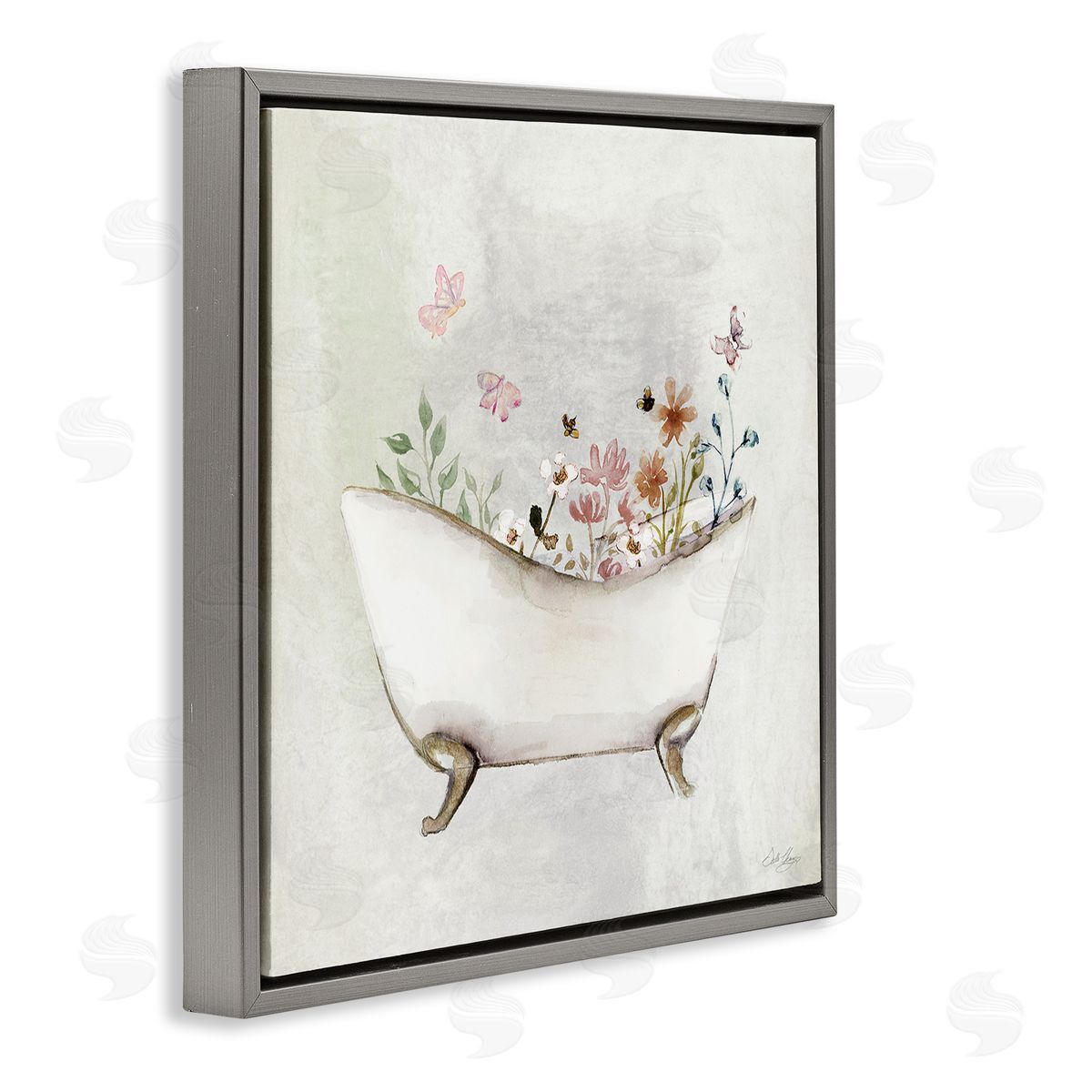 Butterfly Floral Bath Grey Floating Frame Canvas Wall Art, Home Decor by Stella Chang