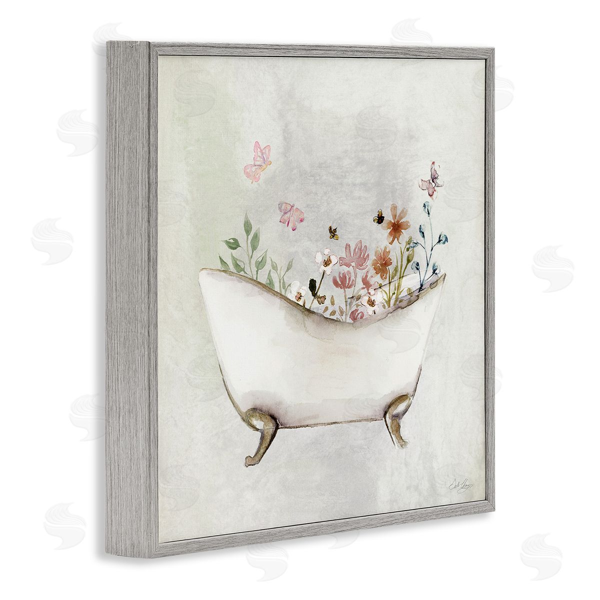 Butterfly Floral Bath Grey Frame Print Wall Art, Home Decor by Stella Chang
