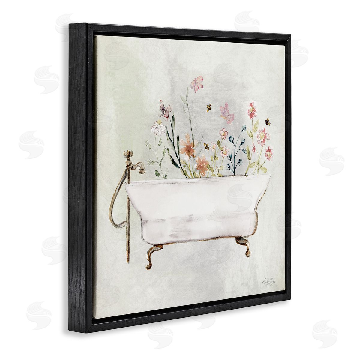 Butterfly Floral Tub Black Floating Frame Canvas Wall Art, Home Decor by Stella Chang