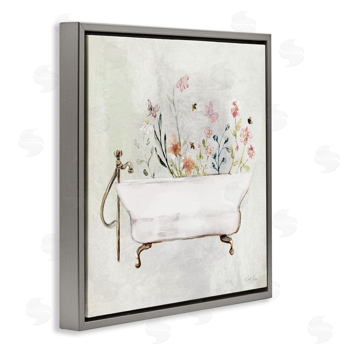 Butterfly Floral Tub Grey Floating Frame Canvas Wall Art, Home Decor by Stella Chang