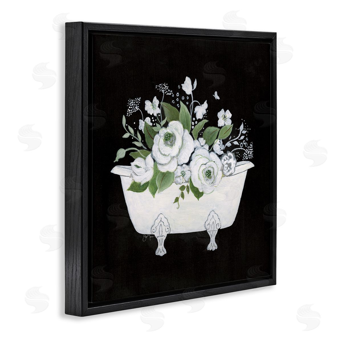 White and Black Bath Black Floating Frame Canvas Wall Art, Home Decor by Janet Tava