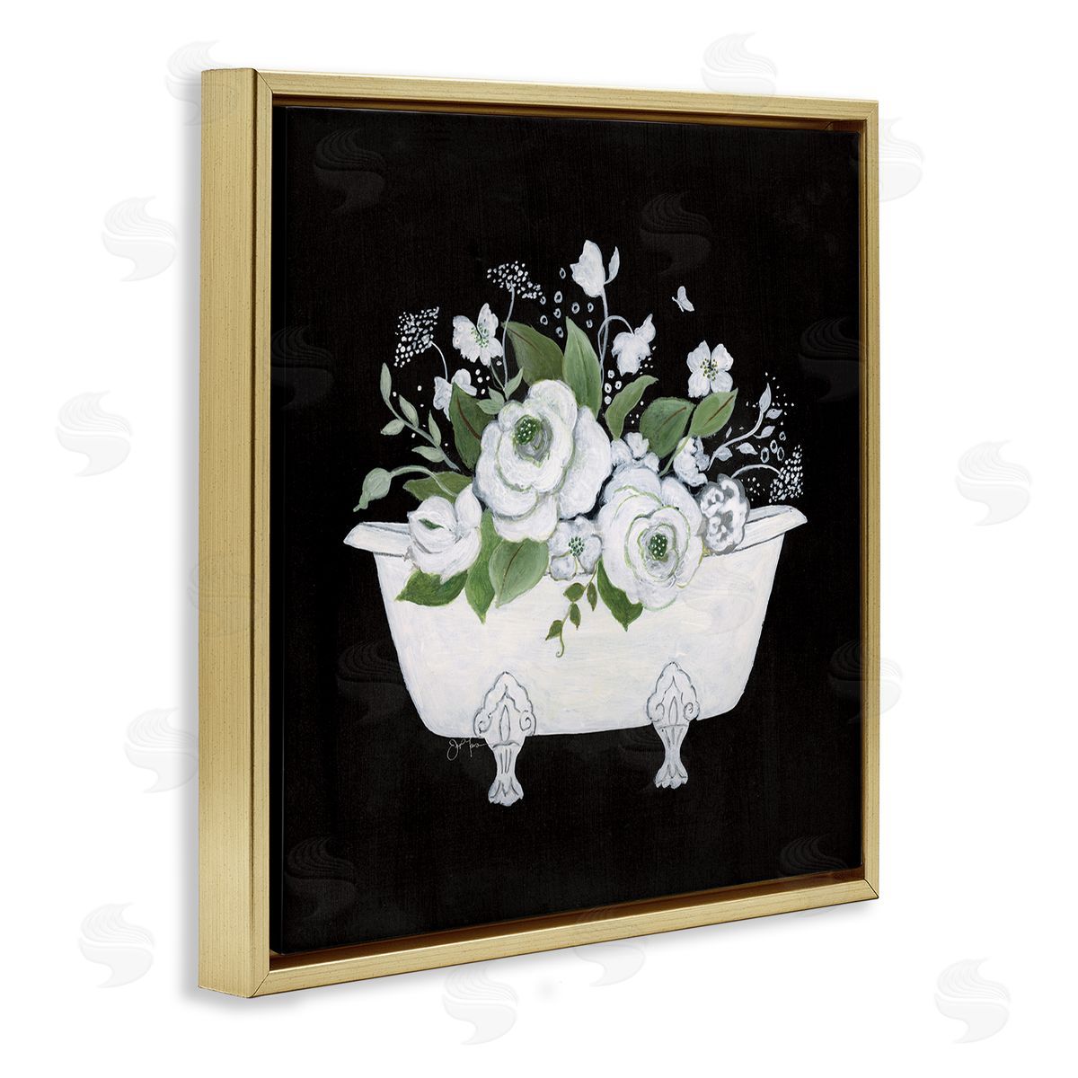 White and Black Bath Gold Floating Frame Canvas Wall Art, Home Decor by Janet Tava