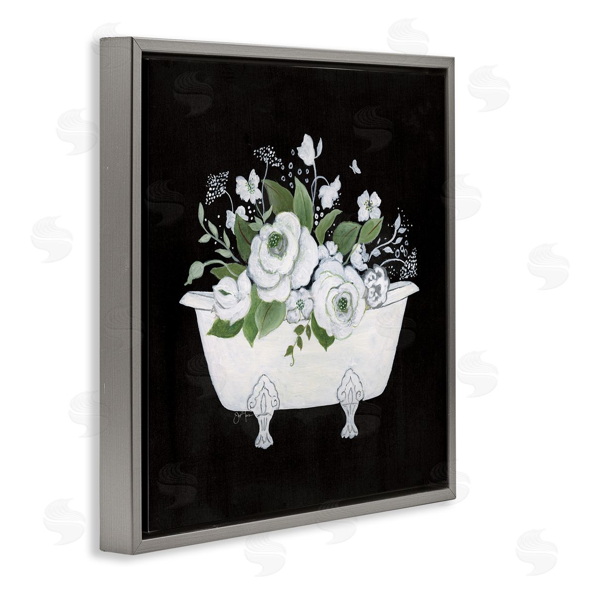 White and Black Bath Grey Floating Frame Canvas Wall Art, Home Decor by Janet Tava