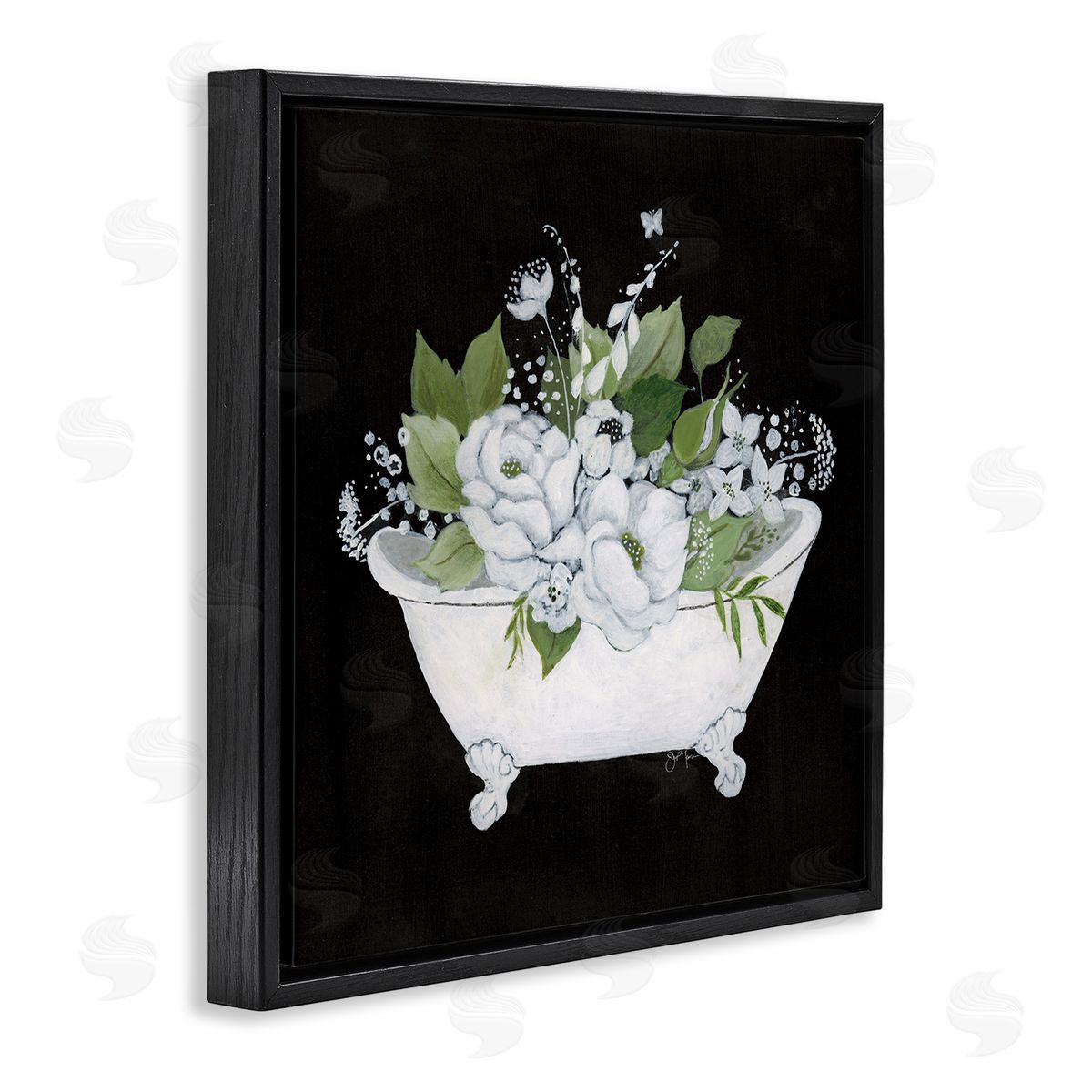 Charming Floral Bathtub Black Floating Frame Canvas Wall Art, Home Decor by Janet Tava