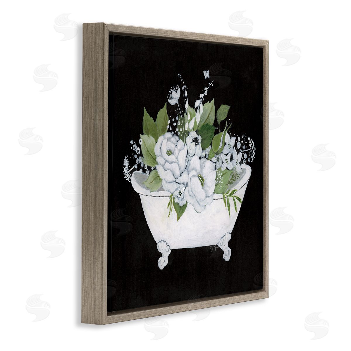 Charming Floral Bathtub Brown Floating Frame Canvas Wall Art, Home Decor by Janet Tava