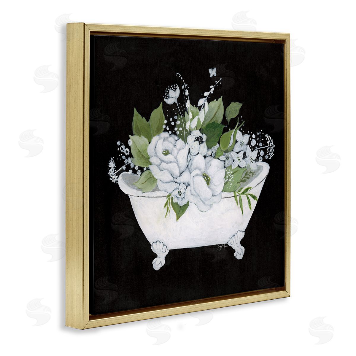 Charming Floral Bathtub Gold Floating Frame Canvas Wall Art, Home Decor by Janet Tava