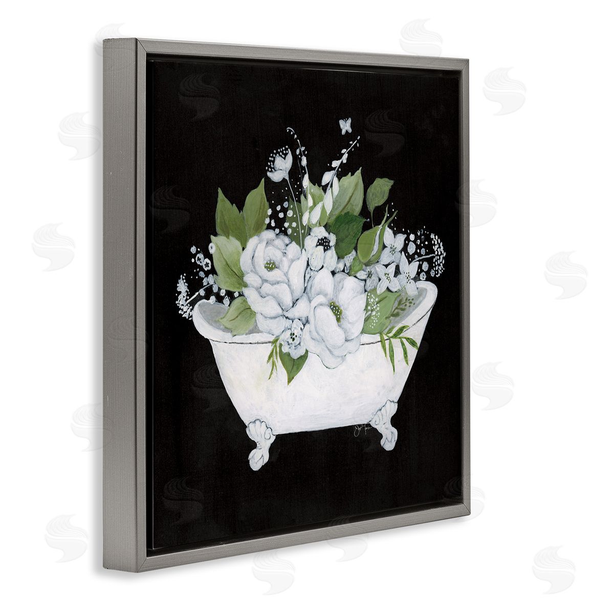 Charming Floral Bathtub Grey Floating Frame Canvas Wall Art, Home Decor by Janet Tava