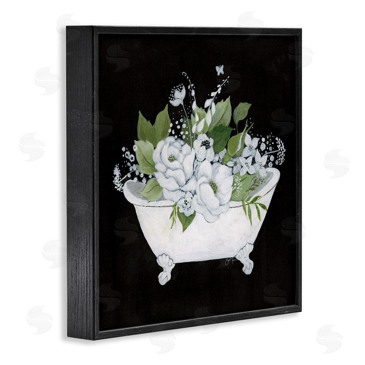 Charming Floral Bathtub Black Frame Print Wall Art, Home Decor by Janet Tava