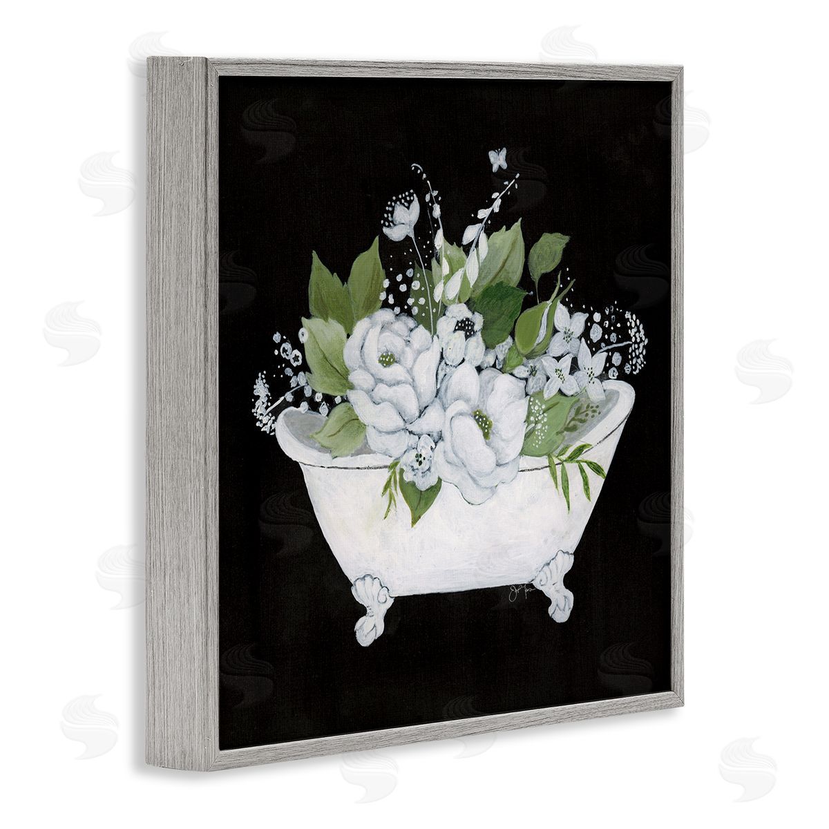 Charming Floral Bathtub Grey Frame Print Wall Art, Home Decor by Janet Tava