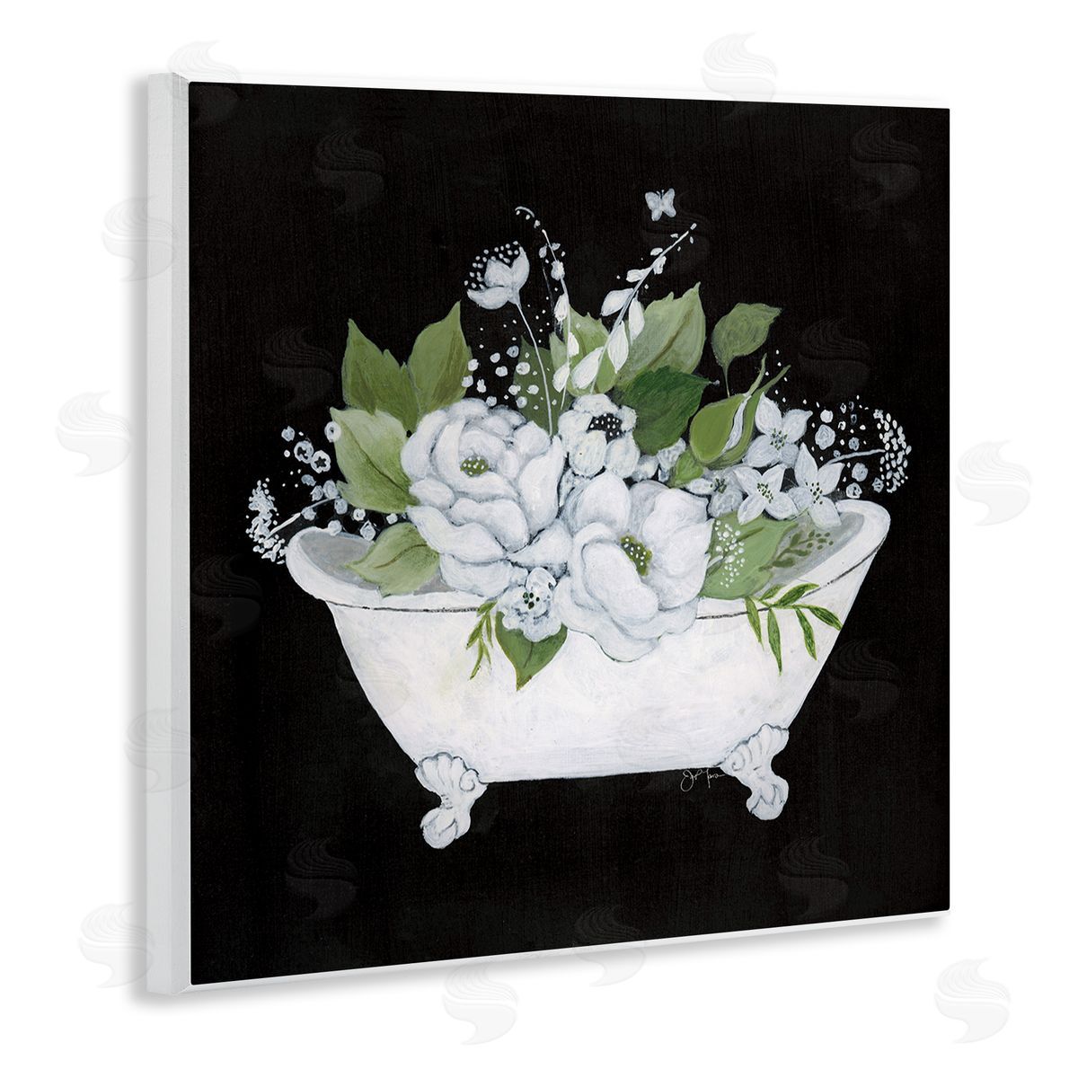 Charming Floral Bathtub Wood Plaque Wall Art, Home Decor by Janet Tava