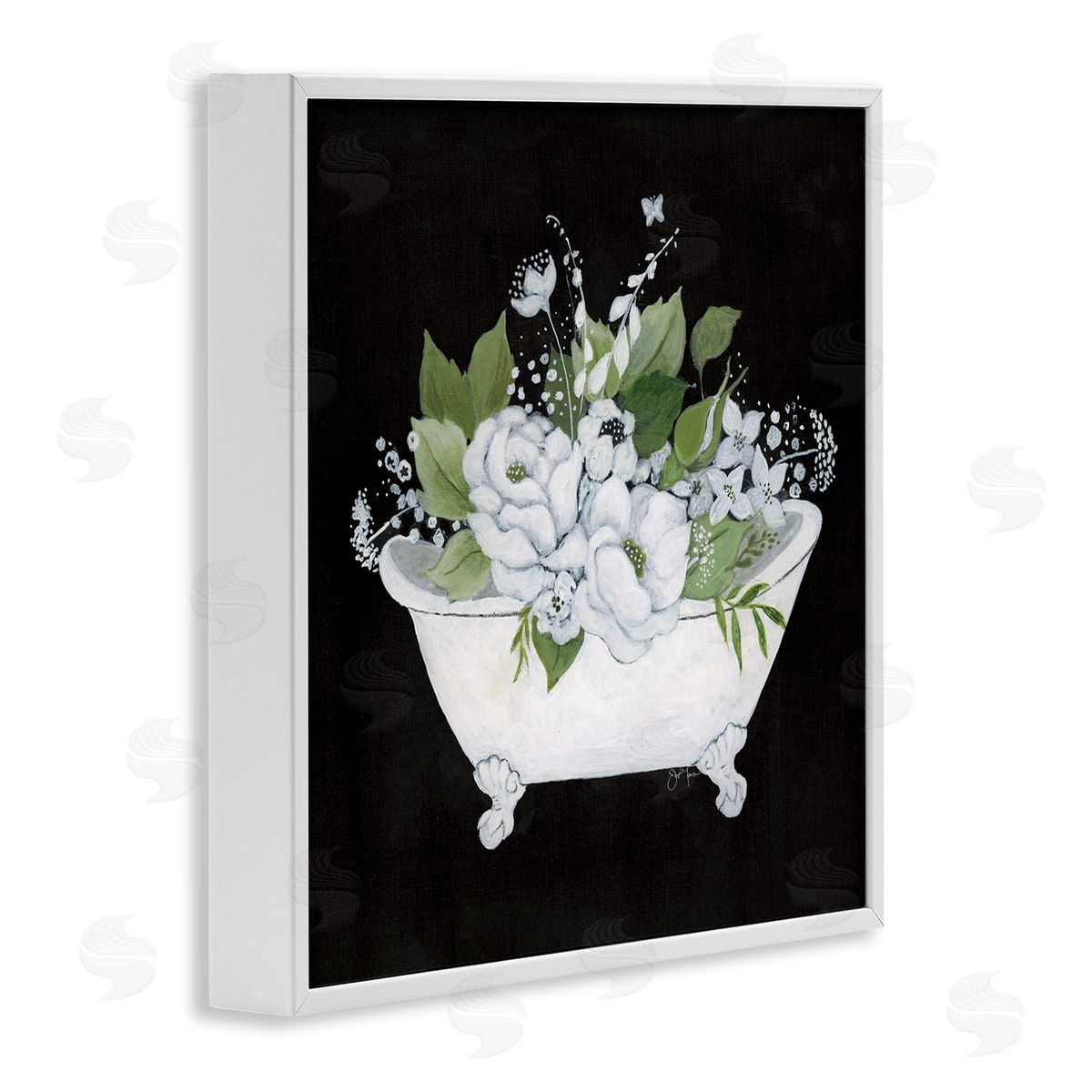 Charming Floral Bathtub White Frame Print Wall Art, Home Decor by Janet Tava