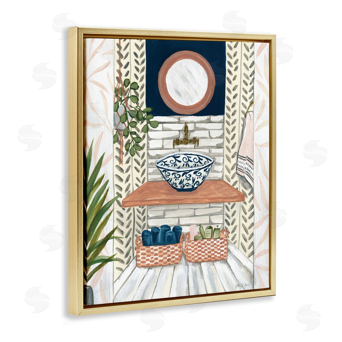 Chic Bathroom Scene Gold Floating Frame Canvas Wall Art, Home Decor by Yvette St. Amant