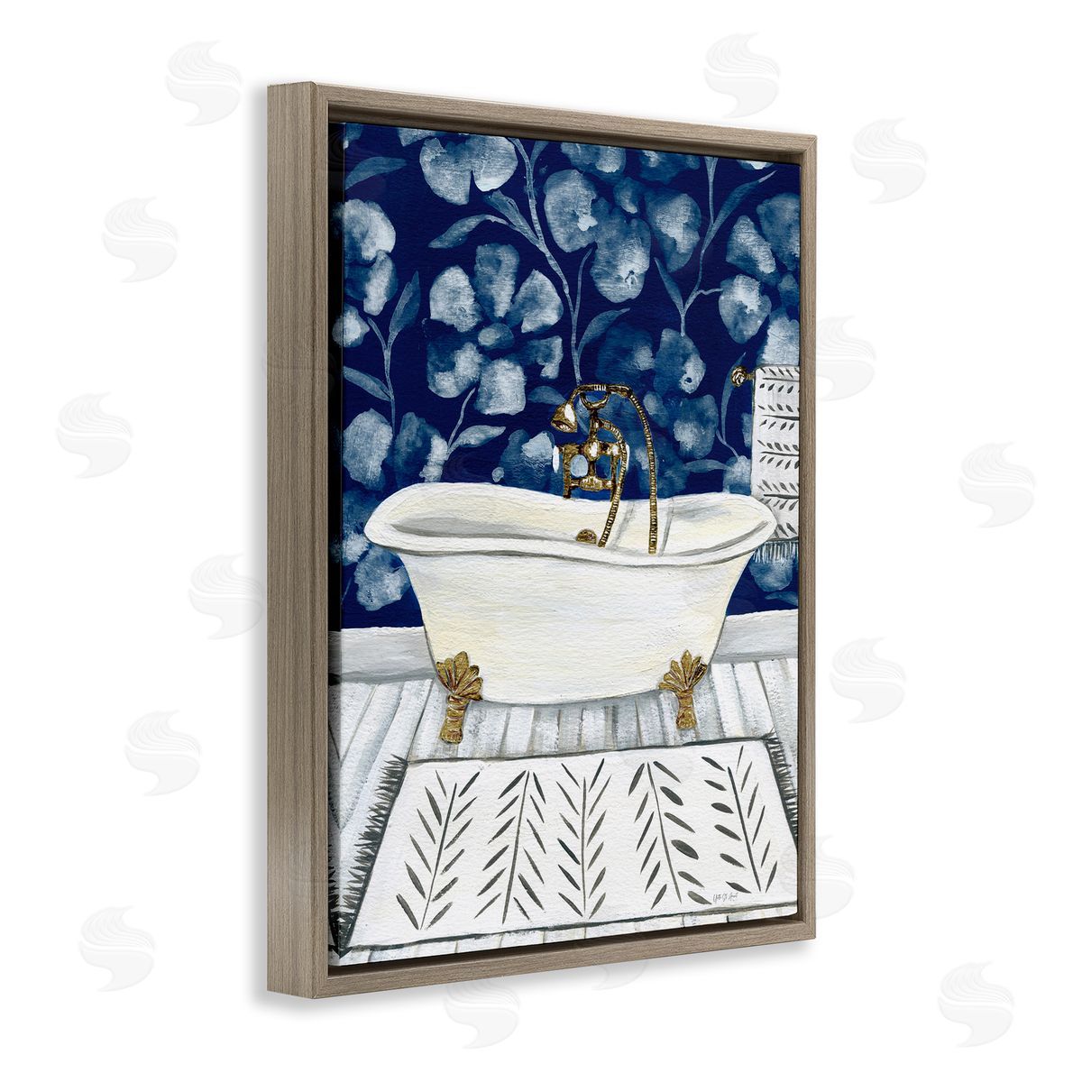 Bold Blue Bathtub Brown Floating Frame Canvas Wall Art, Home Decor by Yvette St. Amant