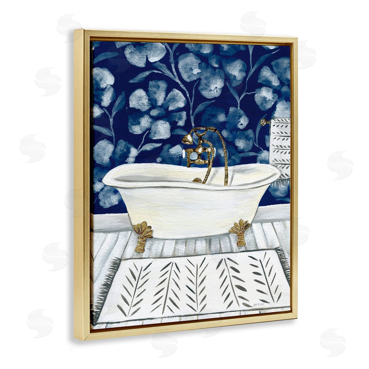 Bold Blue Bathtub Gold Floating Frame Canvas Wall Art, Home Decor by Yvette St. Amant