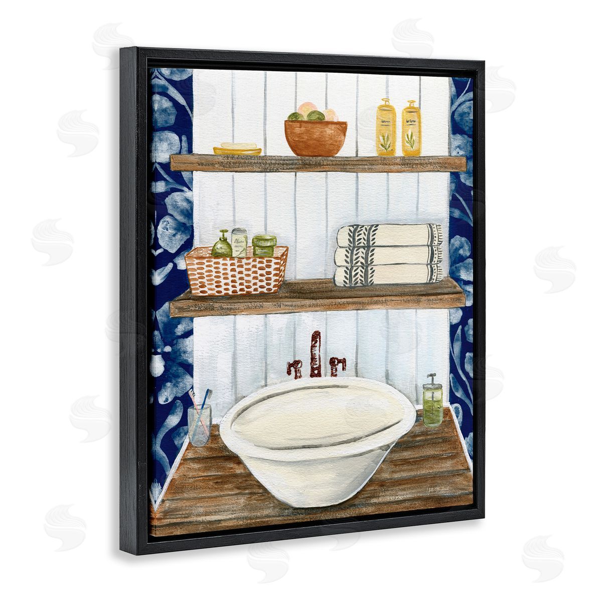 Bold Blue Bathroom Black Floating Frame Canvas Wall Art, Home Decor by Yvette St. Amant