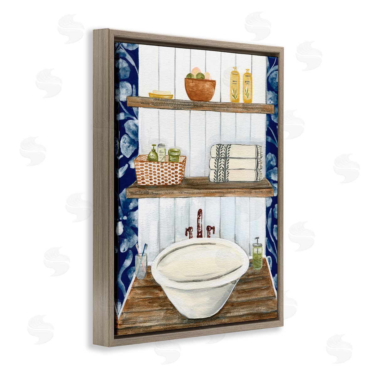 Bold Blue Bathroom Brown Floating Frame Canvas Wall Art, Home Decor by Yvette St. Amant