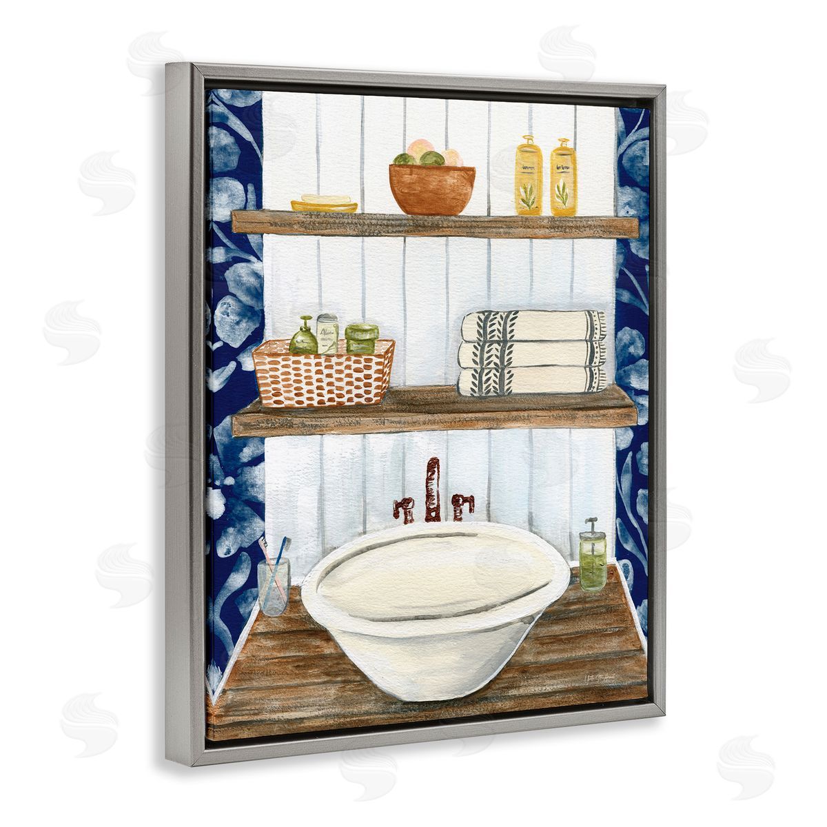 Bold Blue Bathroom Grey Floating Frame Canvas Wall Art, Home Decor by Yvette St. Amant