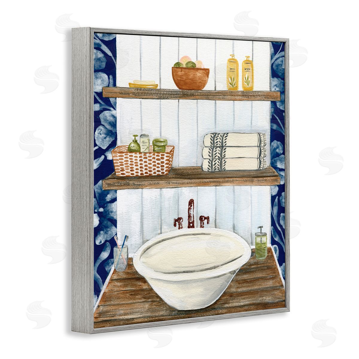 Bold Blue Bathroom Grey Frame Print Wall Art, Home Decor by Yvette St. Amant