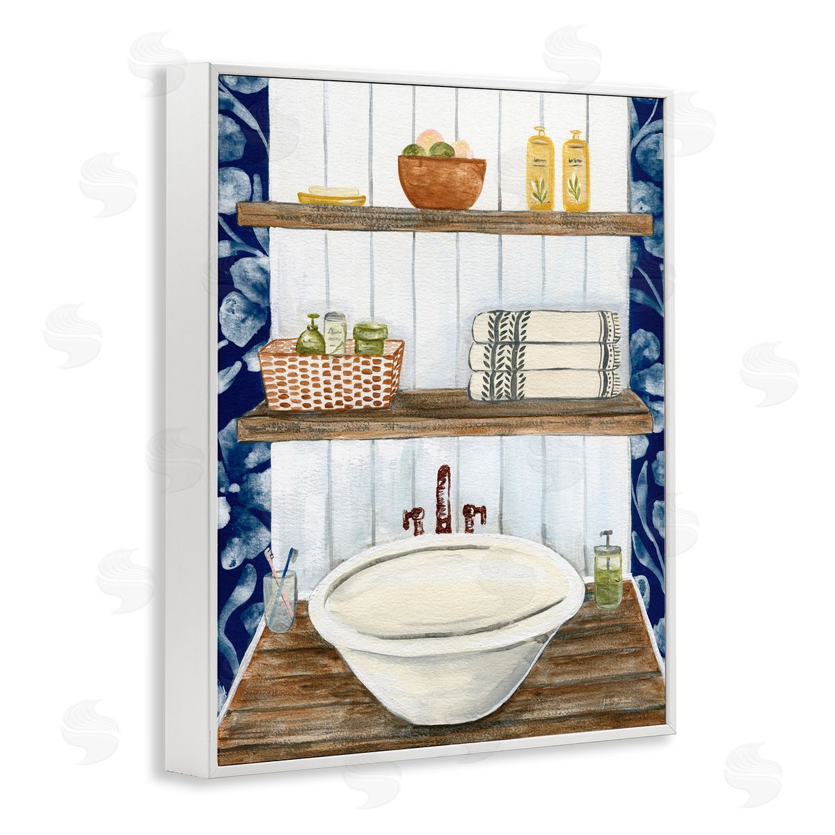 Bold Blue Bathroom White Frame Print Wall Art, Home Decor by Yvette St. Amant