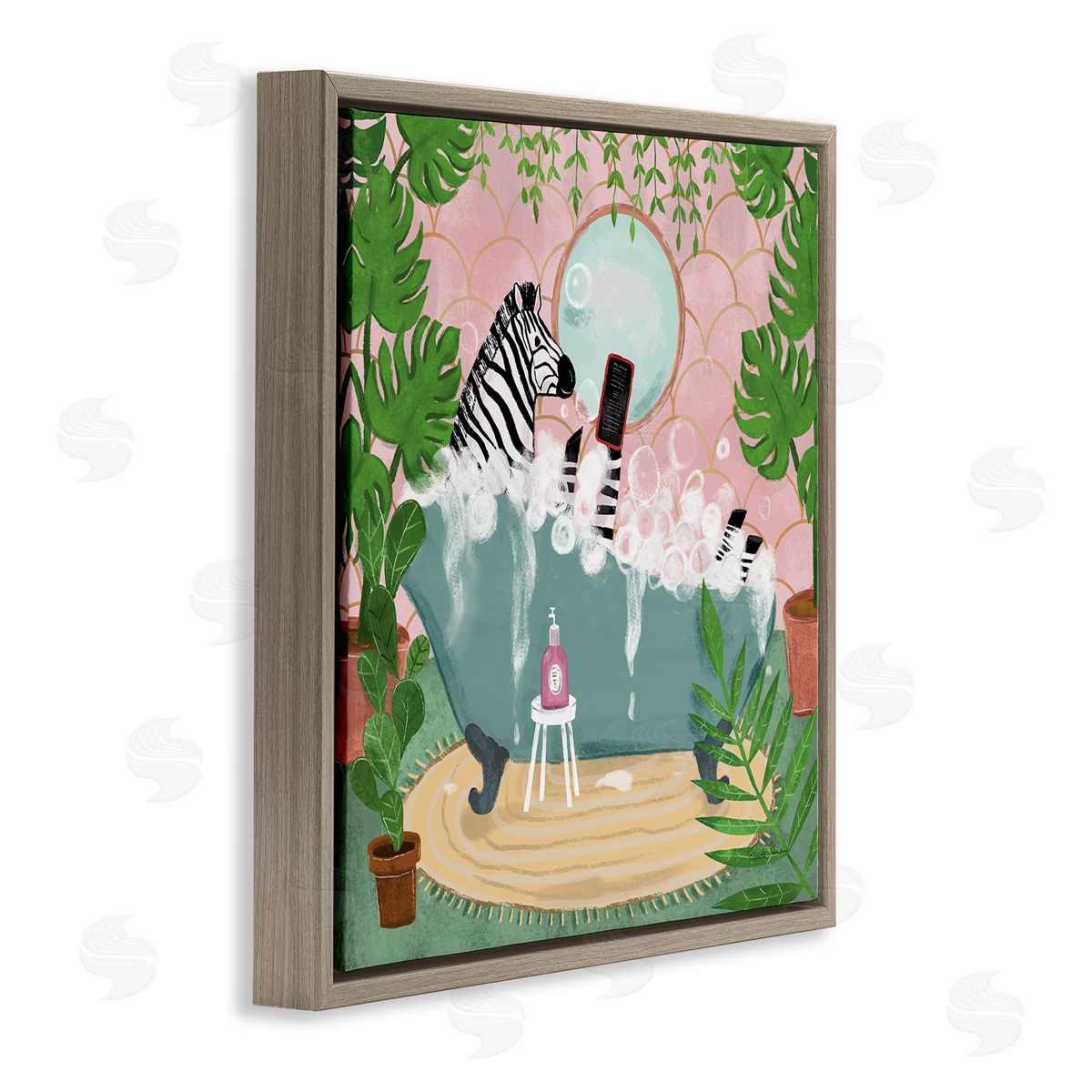 Zebra Fun Bath Time Brown Floating Frame Canvas Wall Art, Home Decor by Farida Zaman