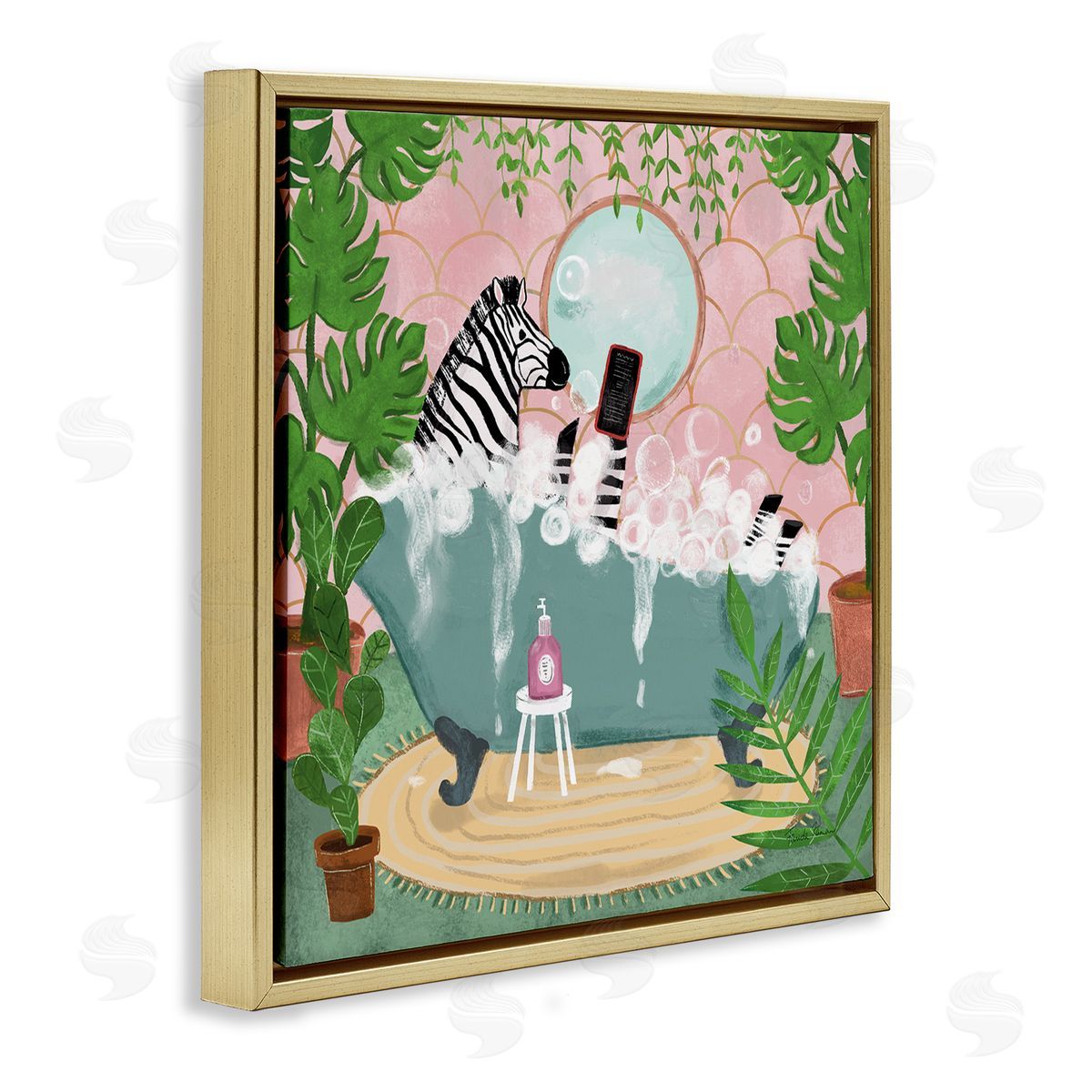 Zebra Fun Bath Time Gold Floating Frame Canvas Wall Art, Home Decor by Farida Zaman